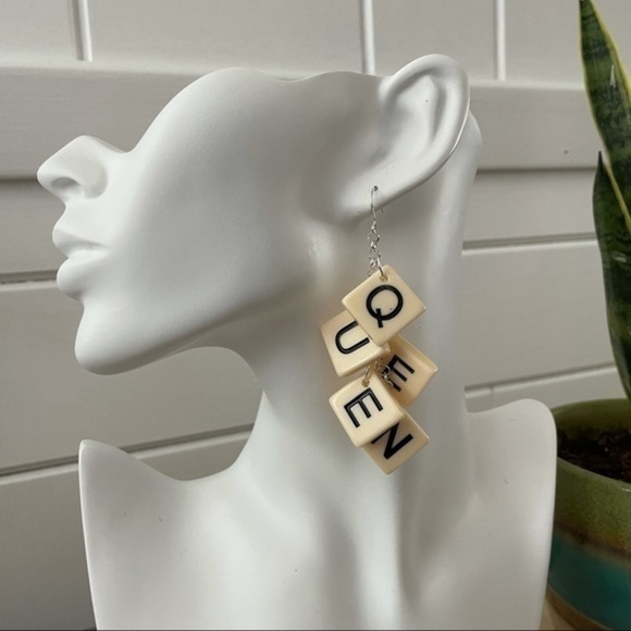 2/$29 Handmade QUEEN Upcycled Letter Tile Earrings 3.5” Acrylic - Picture 2 of 2